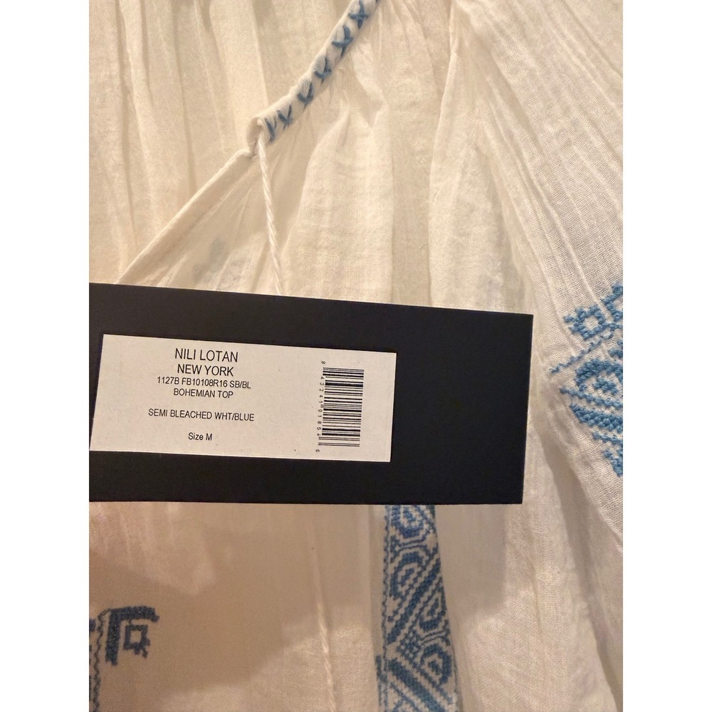 NEW Nili Lotan Bohemian Top White Blue Embroidered Cotton Tassel Blouse Medium - Picture 6 of 10